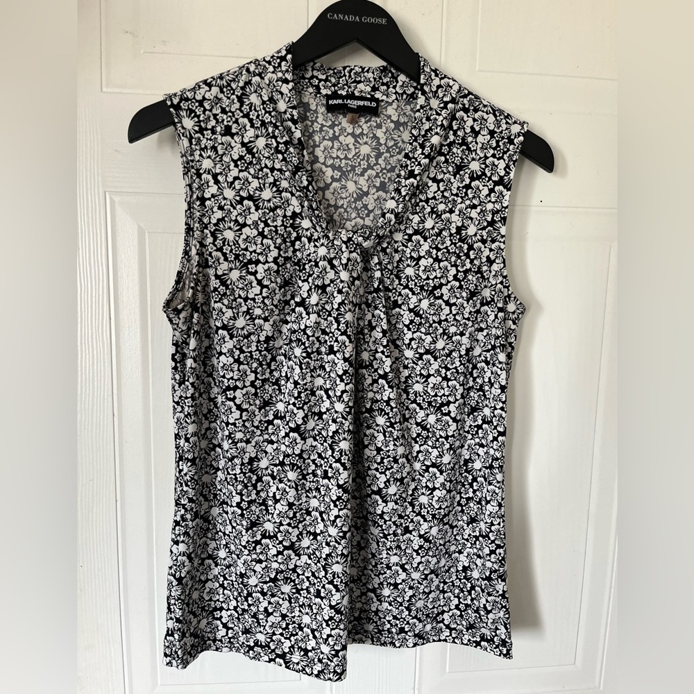 Karl Lagerfeld Floral Black and White Print Sleeveless gathered neckline blouse